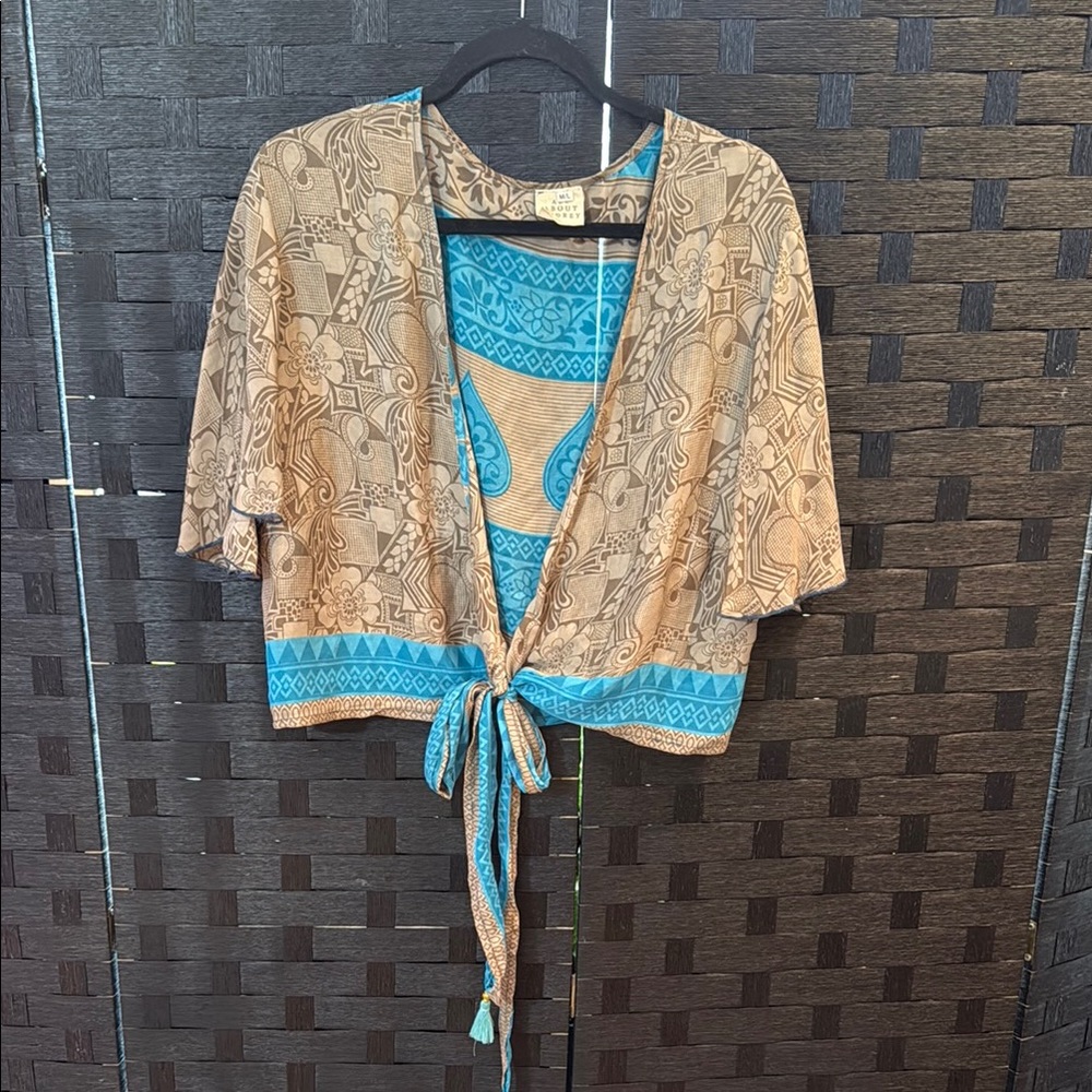 Audrey Blue and Tan Tie-Front Blouse Short Sleeve